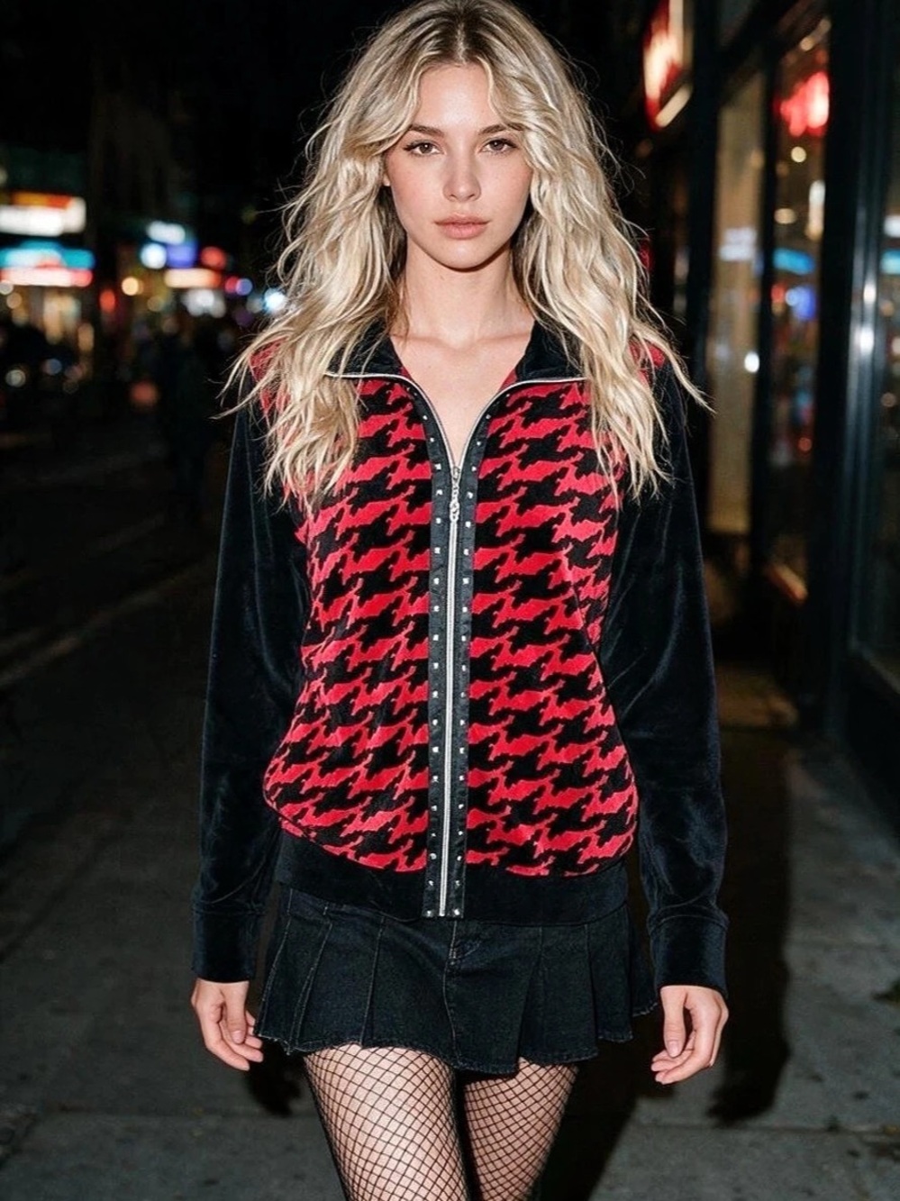 Activology Red Black Houndstooth Velour Studded Full Zip Track Jacket Size L